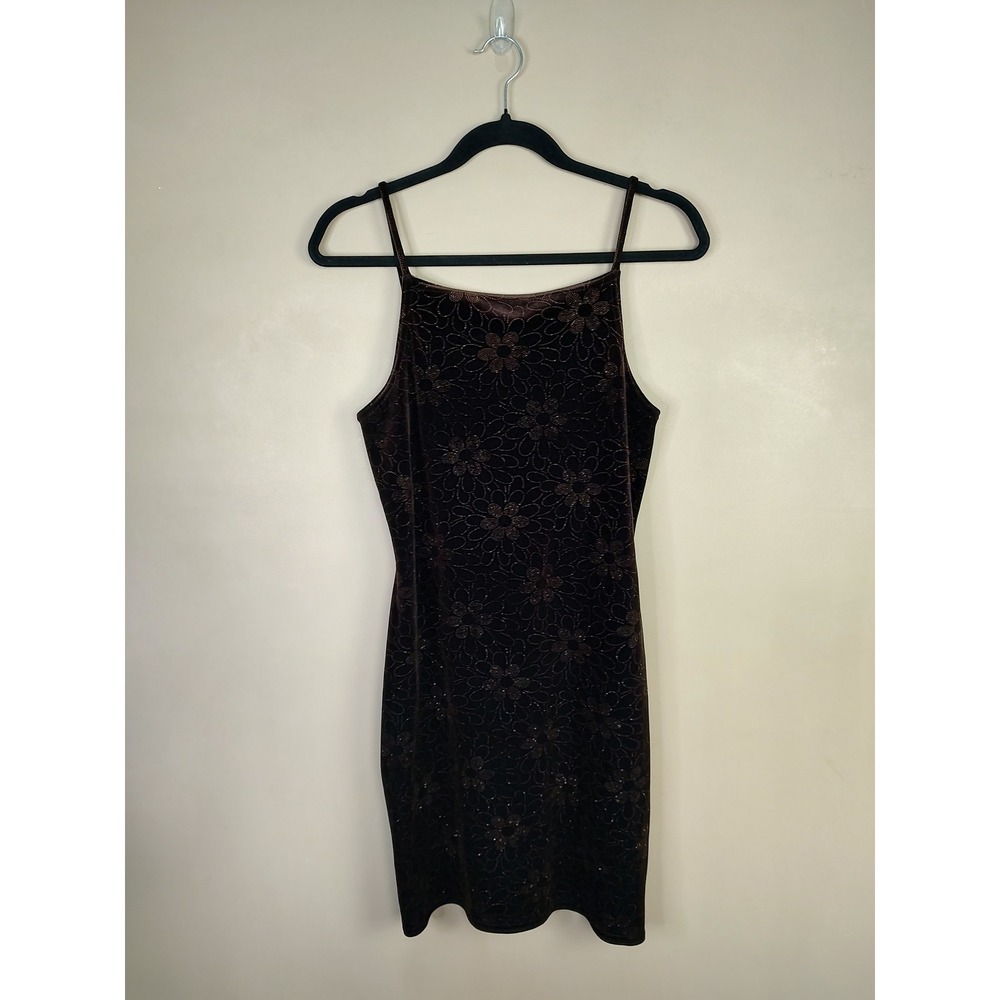 Jump Apparel Co Brown Velvet Glitter Floral Mini Dress Spaghetti Strap Vintage